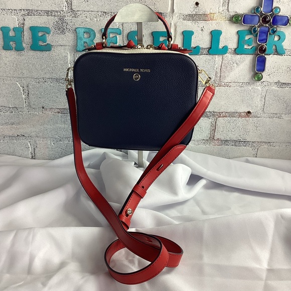MICHAEL KORS Jet Set Medium Pebbled Leather Crossbody Red, White, Blue $298 - Picture 2 of 13